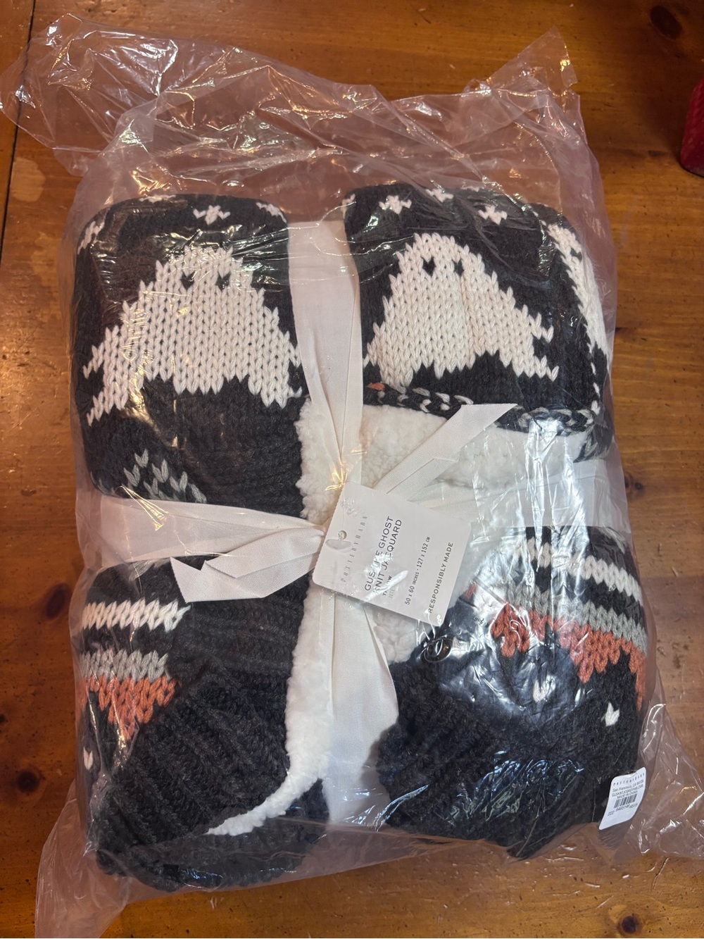 Pottery Barn Gus The Ghost Black, White & Orange Knit Ghost and Pumpkin Throw - Picture 6 of 6